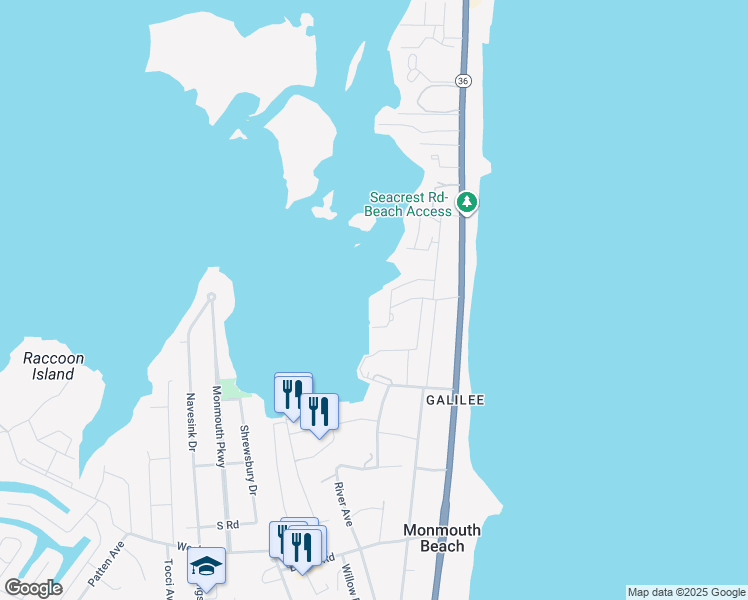map of restaurants, bars, coffee shops, grocery stores, and more near 28 Park Road in Monmouth Beach