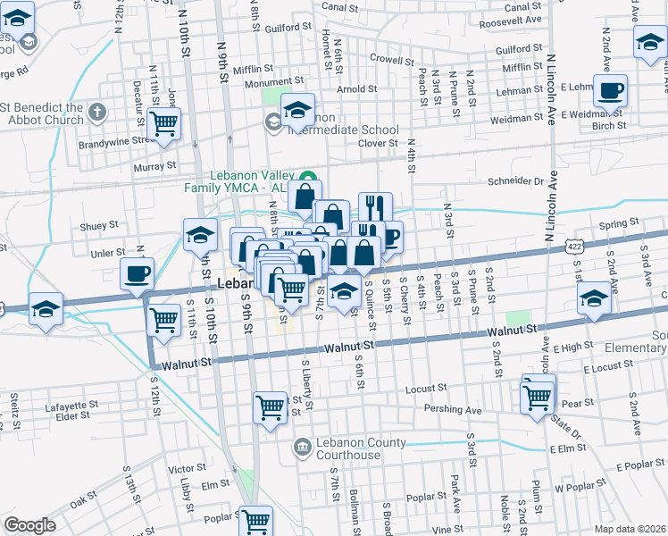 map of restaurants, bars, coffee shops, grocery stores, and more near 631 Cumberland Street in Lebanon