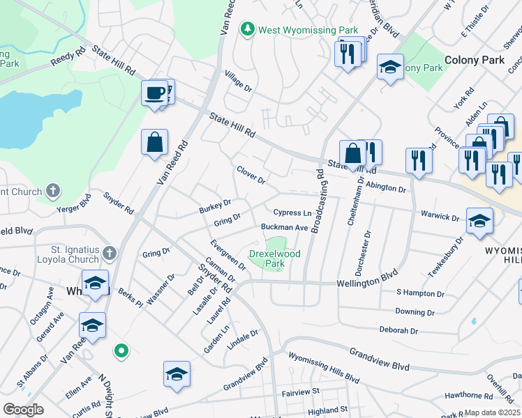 map of restaurants, bars, coffee shops, grocery stores, and more near 2024 Gring Drive in Wyomissing