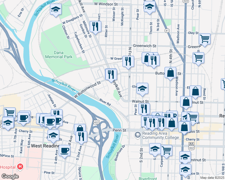 map of restaurants, bars, coffee shops, grocery stores, and more near 200 Schuylkill Avenue in Reading