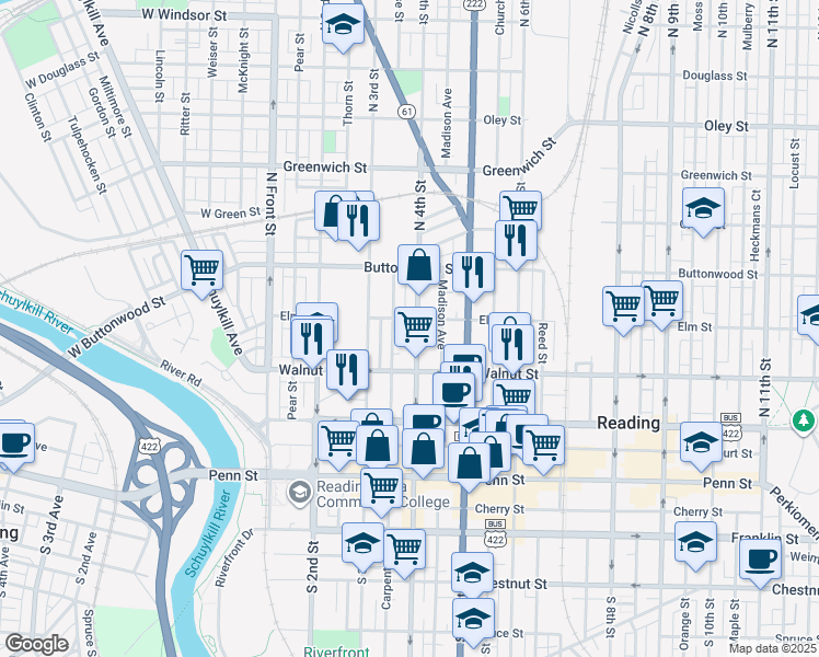 map of restaurants, bars, coffee shops, grocery stores, and more near 350 Elm Street in Reading
