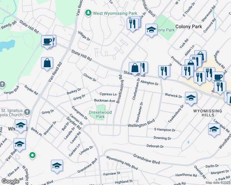 map of restaurants, bars, coffee shops, grocery stores, and more near 2005 Cypress Lane in Wyomissing