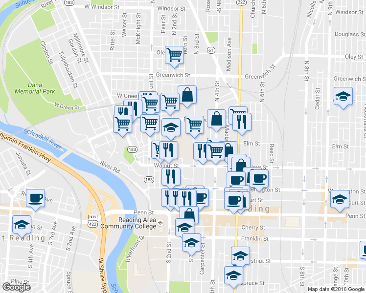 map of restaurants, bars, coffee shops, grocery stores, and more near 219 North 2nd Street in Reading