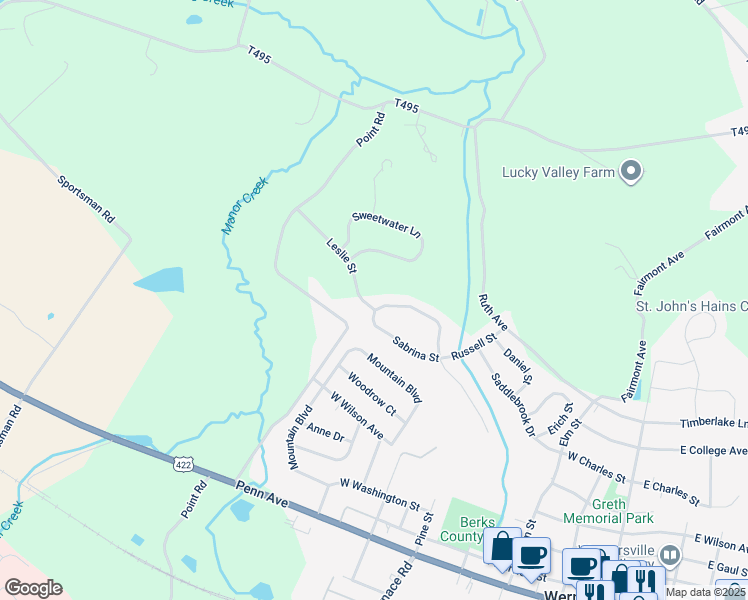 map of restaurants, bars, coffee shops, grocery stores, and more near 44 Sabrina Street in Wernersville