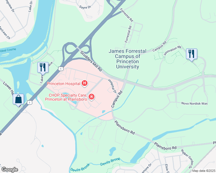 map of restaurants, bars, coffee shops, grocery stores, and more near Scudders Mill Rd in Plainsboro Township