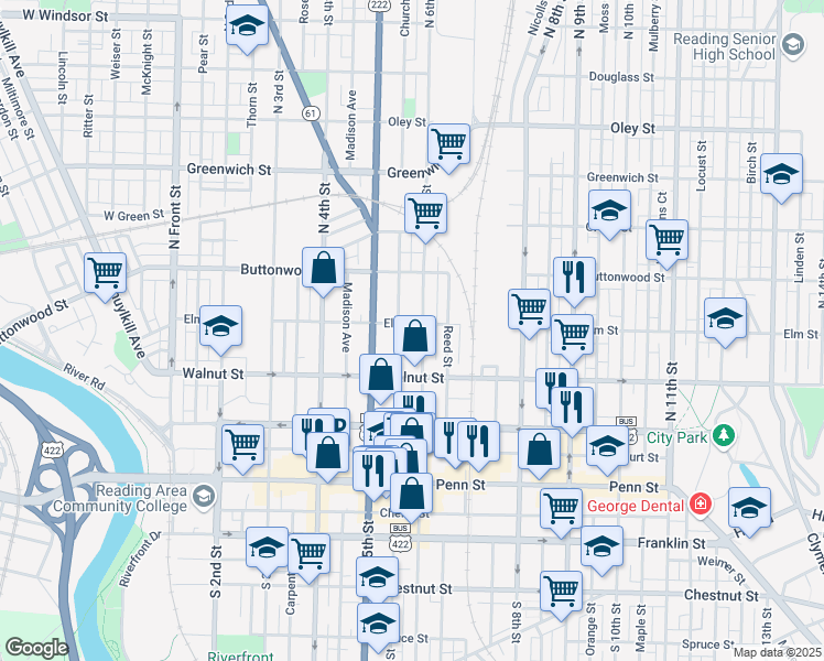 map of restaurants, bars, coffee shops, grocery stores, and more near 233 North 6th Street in Reading