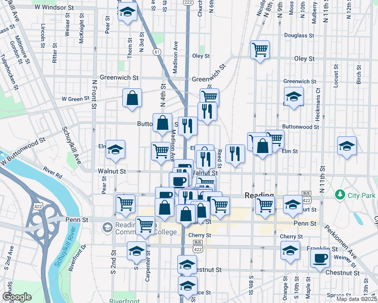 map of restaurants, bars, coffee shops, grocery stores, and more near 237 North 5th Street in Reading
