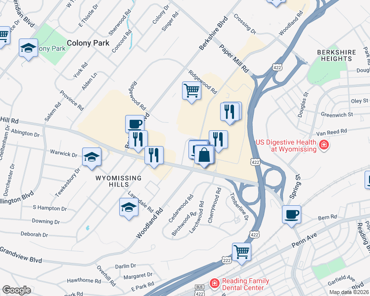 map of restaurants, bars, coffee shops, grocery stores, and more near 1701 State Hill Road in Wyomissing