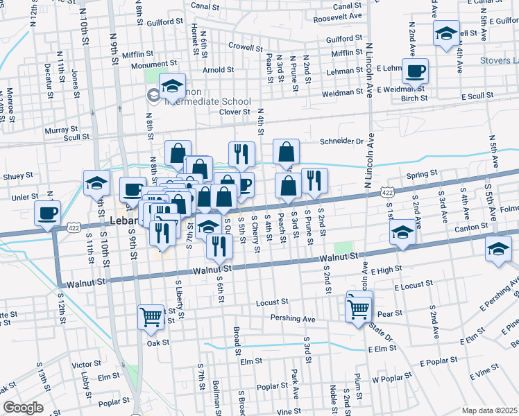 map of restaurants, bars, coffee shops, grocery stores, and more near 428 Cumberland Street in Lebanon