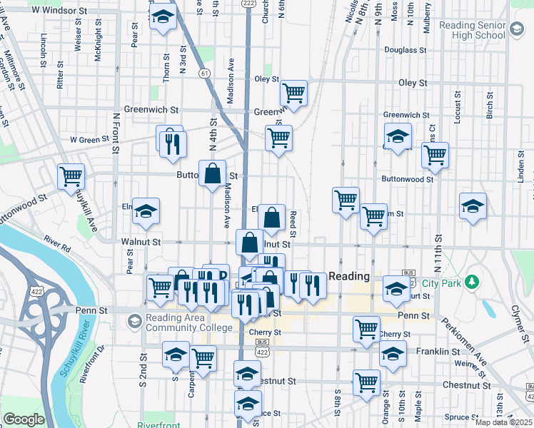 map of restaurants, bars, coffee shops, grocery stores, and more near 530 Elm Street in Reading