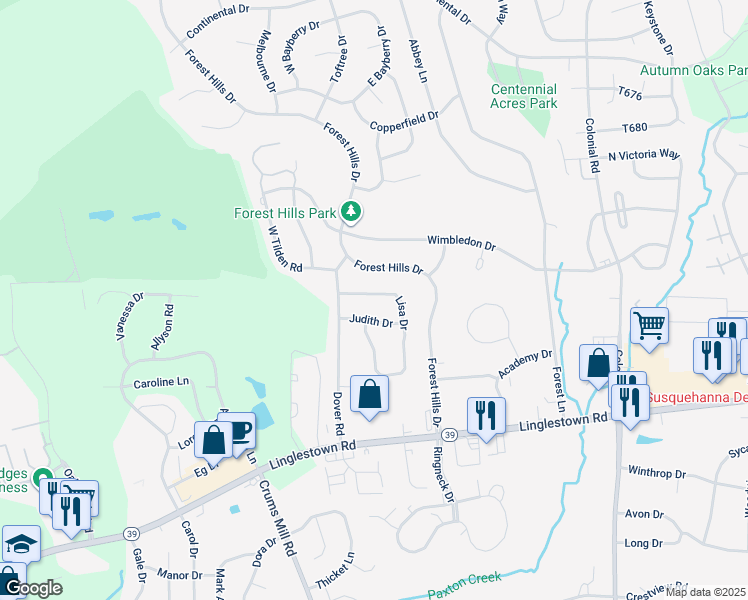 map of restaurants, bars, coffee shops, grocery stores, and more near 4107 Lisa Drive in Harrisburg