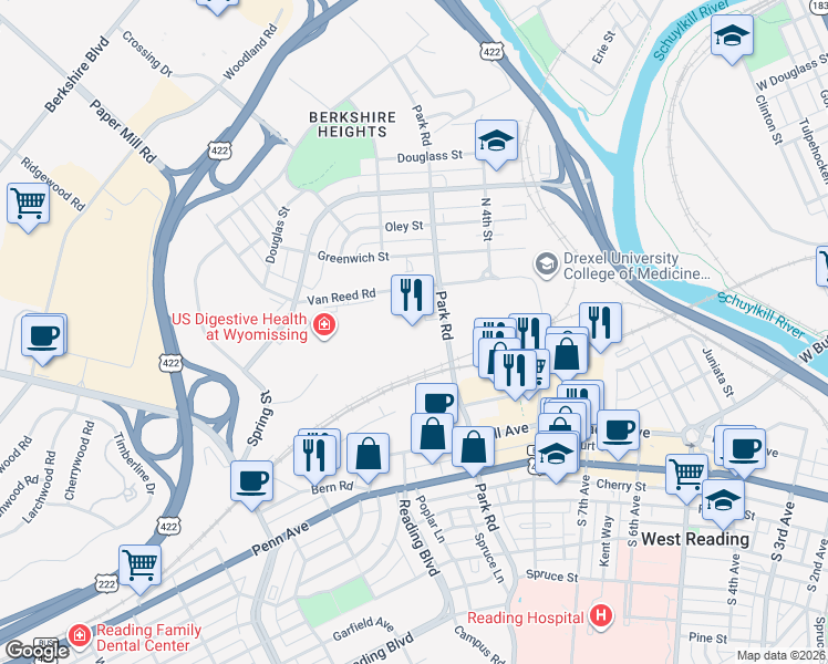 map of restaurants, bars, coffee shops, grocery stores, and more near 220 North Park Road in Wyomissing