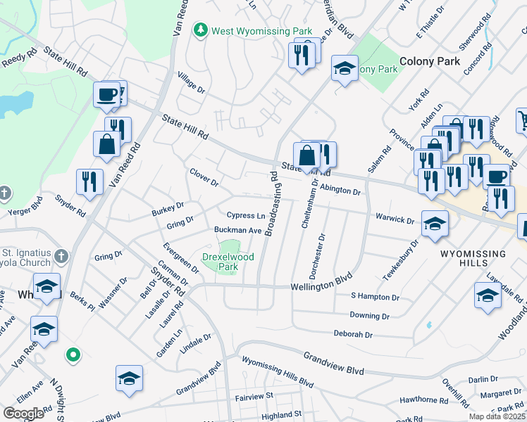 map of restaurants, bars, coffee shops, grocery stores, and more near 2005 Cypress Lane in Wyomissing