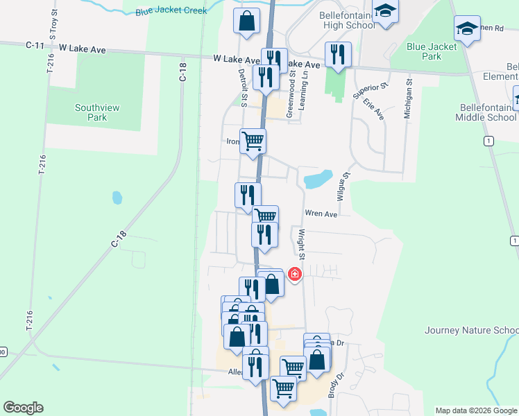 map of restaurants, bars, coffee shops, grocery stores, and more near 1405 S Main St in Bellefontaine