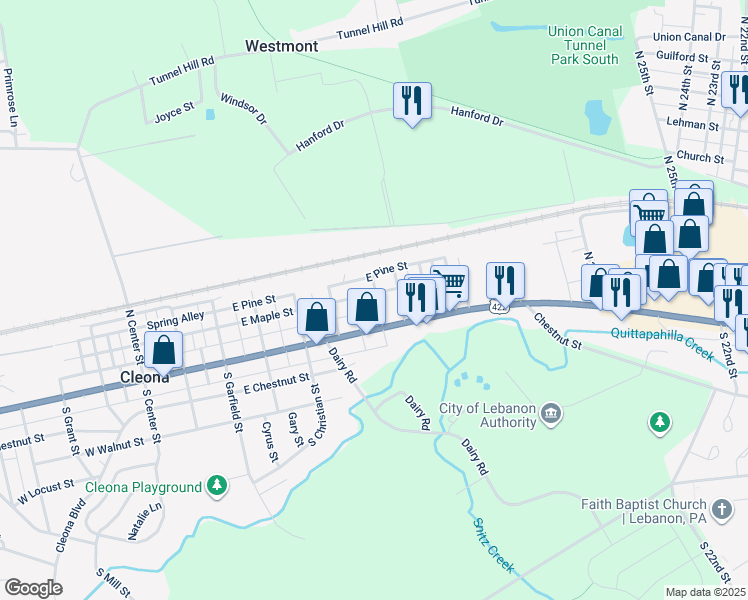 map of restaurants, bars, coffee shops, grocery stores, and more near 546 East Maple Street in Cleona