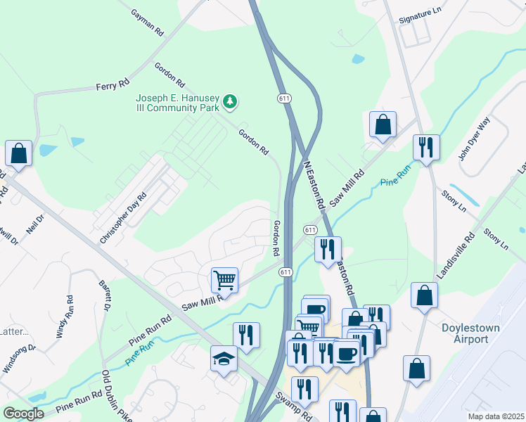map of restaurants, bars, coffee shops, grocery stores, and more near 3795 Swetland Drive in Doylestown