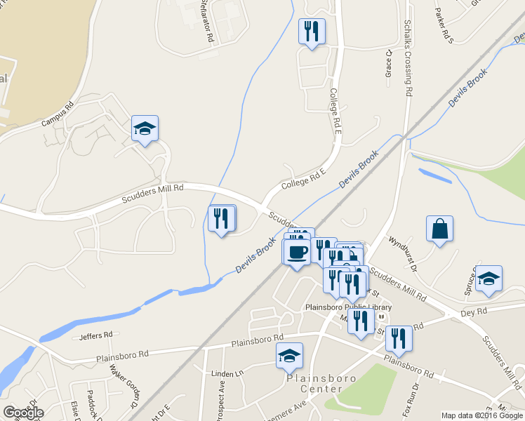 map of restaurants, bars, coffee shops, grocery stores, and more near Scudders Mill Rd in Plainsboro Township