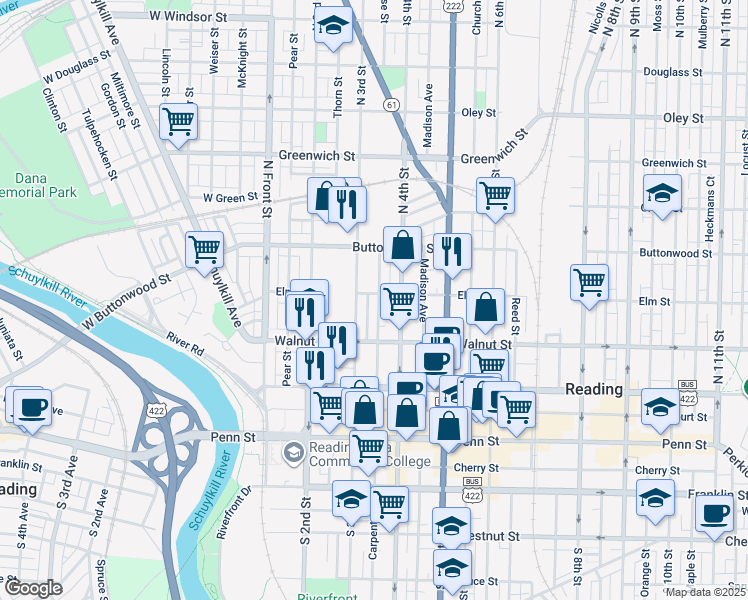 map of restaurants, bars, coffee shops, grocery stores, and more near 237 North 3rd Street in Reading