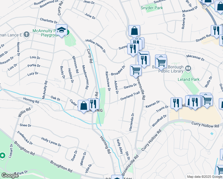 map of restaurants, bars, coffee shops, grocery stores, and more near 5302 Ranchview Drive in Pittsburgh