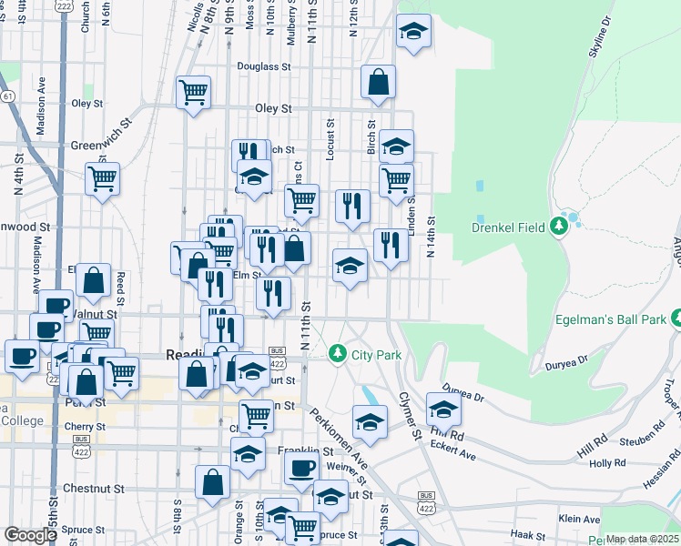 map of restaurants, bars, coffee shops, grocery stores, and more near 1147 Elm Street in Reading