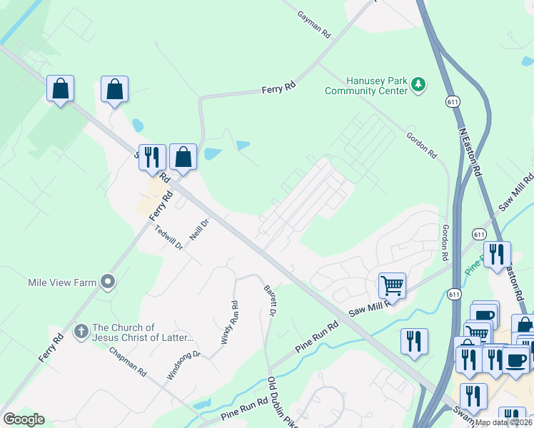 map of restaurants, bars, coffee shops, grocery stores, and more near 3624 Jacob Stout Road in Doylestown