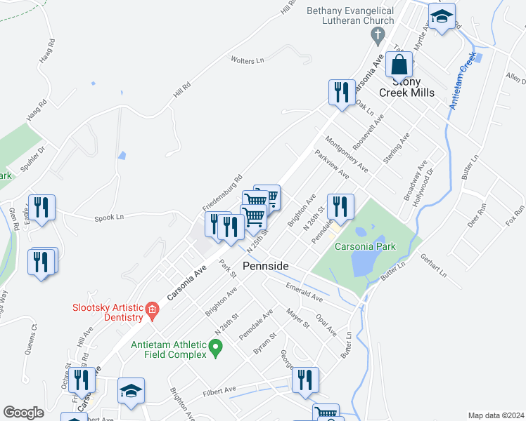 map of restaurants, bars, coffee shops, grocery stores, and more near 801 Carsonia Avenue in Reading
