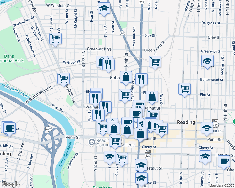 map of restaurants, bars, coffee shops, grocery stores, and more near 237 North 3rd Street in Reading