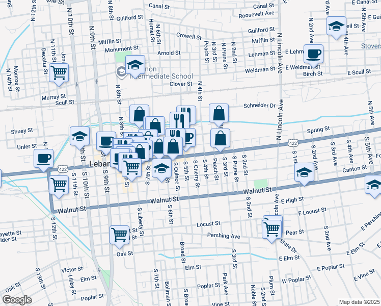 map of restaurants, bars, coffee shops, grocery stores, and more near 428 Cumberland Street in Lebanon