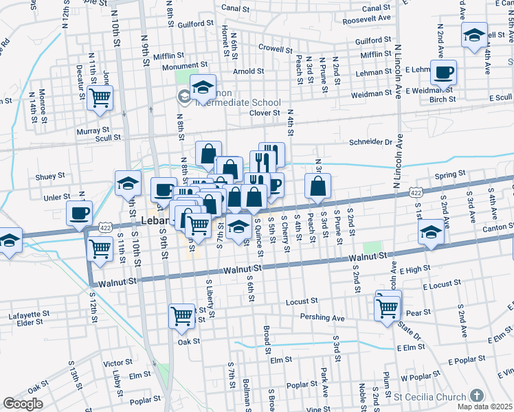 map of restaurants, bars, coffee shops, grocery stores, and more near 528 U.S. 422 in Lebanon