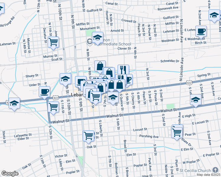 map of restaurants, bars, coffee shops, grocery stores, and more near 631 Cumberland Street in Lebanon