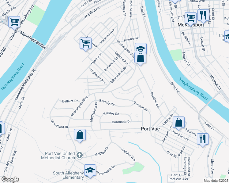 map of restaurants, bars, coffee shops, grocery stores, and more near 204 Dersam Street in McKeesport