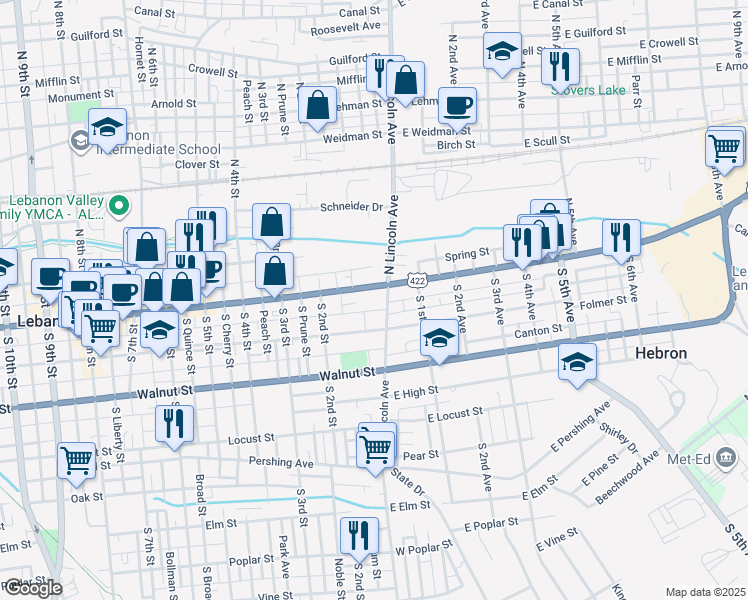 map of restaurants, bars, coffee shops, grocery stores, and more near 18 South Lincoln Avenue in Lebanon