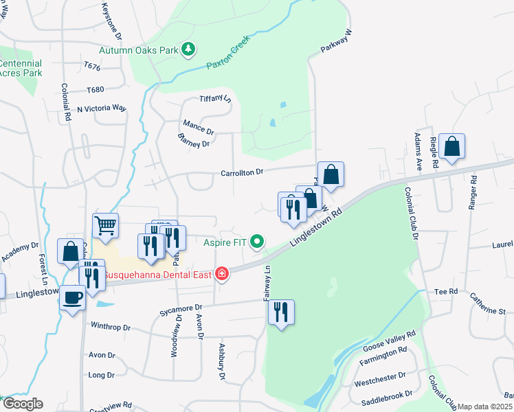 map of restaurants, bars, coffee shops, grocery stores, and more near 2405 Tracy Circle in Harrisburg