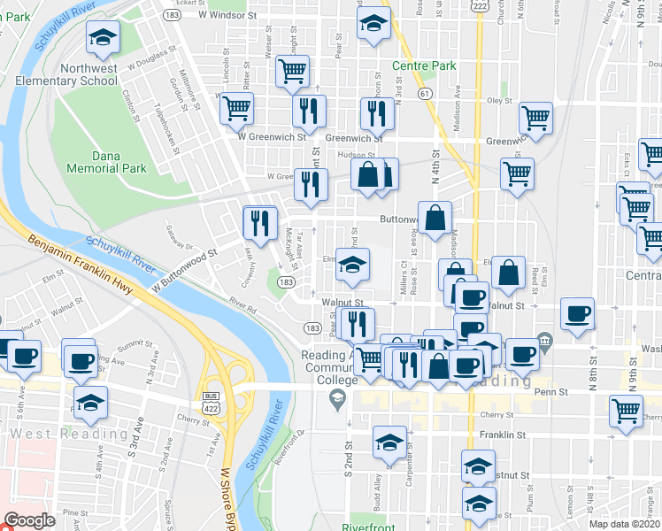 map of restaurants, bars, coffee shops, grocery stores, and more near 128 Elm Street in Reading