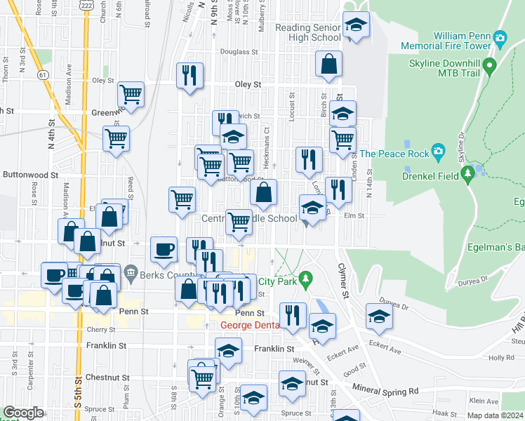 map of restaurants, bars, coffee shops, grocery stores, and more near 1037 Elm Street in Reading