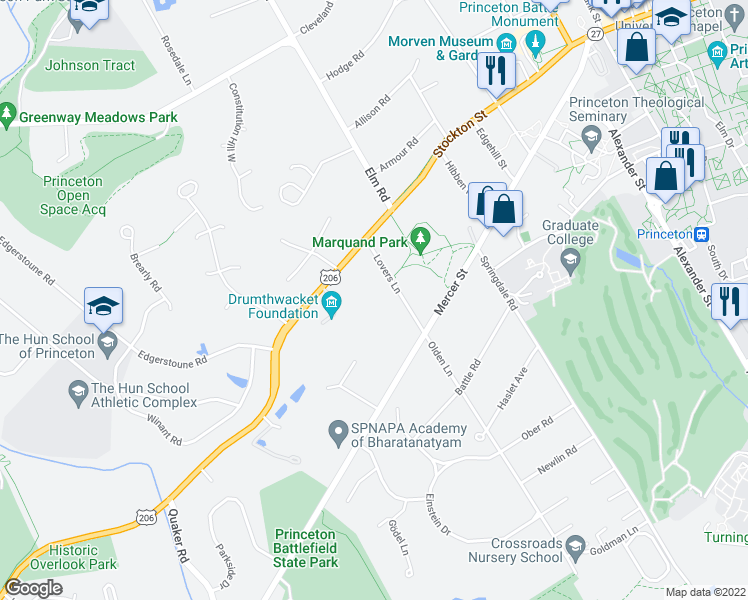 map of restaurants, bars, coffee shops, grocery stores, and more near 49 Lovers Lane in Princeton