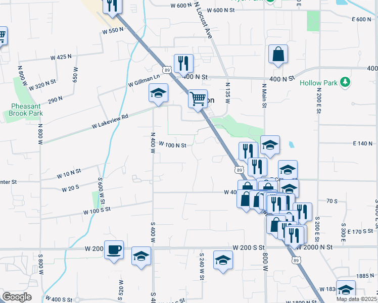 map of restaurants, bars, coffee shops, grocery stores, and more near 77 North 250 West in Lindon