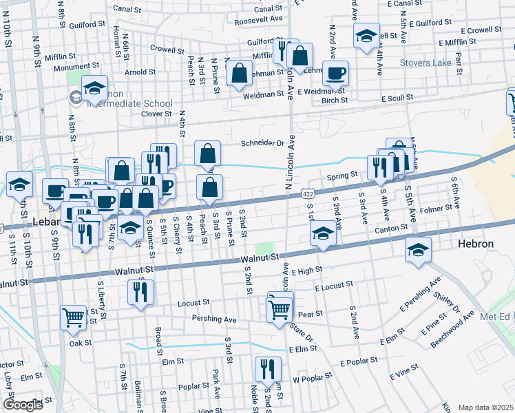 map of restaurants, bars, coffee shops, grocery stores, and more near 122 Cumberland Street in Lebanon