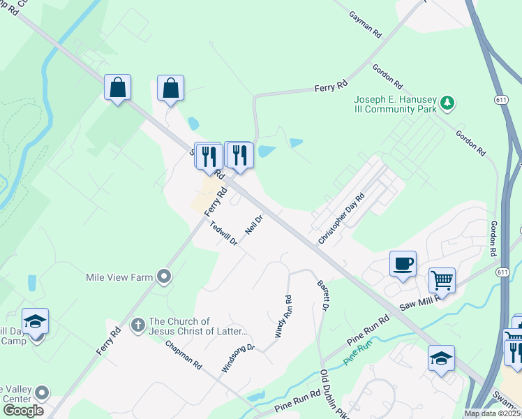 map of restaurants, bars, coffee shops, grocery stores, and more near 566 Swamp Road in Doylestown