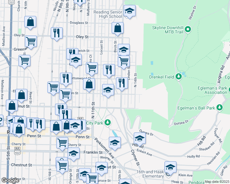 map of restaurants, bars, coffee shops, grocery stores, and more near 1235 Elm Street in Reading