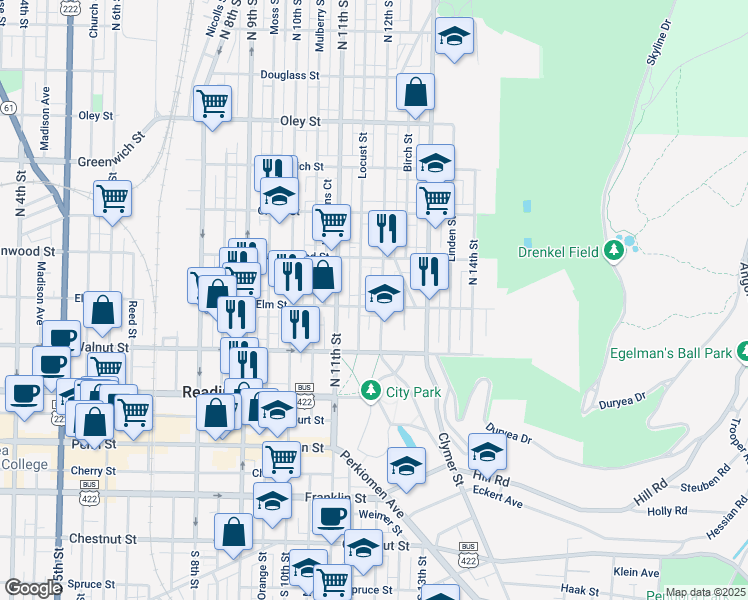 map of restaurants, bars, coffee shops, grocery stores, and more near 1147 Elm Street in Reading