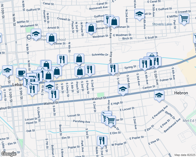 map of restaurants, bars, coffee shops, grocery stores, and more near 122 Cumberland Street in Lebanon