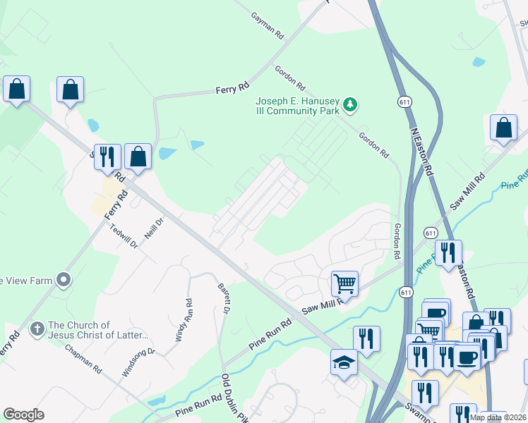map of restaurants, bars, coffee shops, grocery stores, and more near 3723 William Daves Road in Doylestown