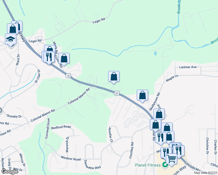 map of restaurants, bars, coffee shops, grocery stores, and more near 12875 U.S. 30 in Irwin