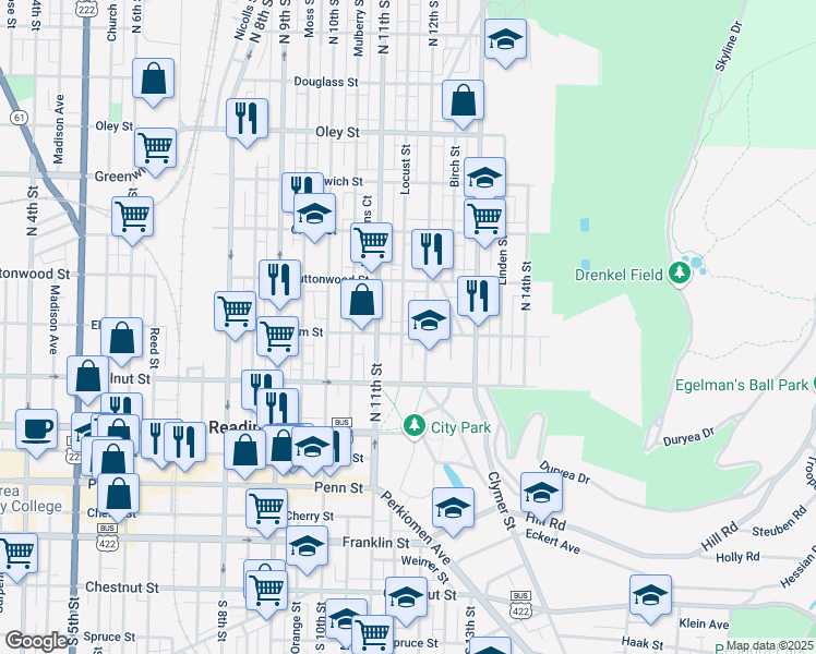 map of restaurants, bars, coffee shops, grocery stores, and more near 1124 Elm Street in Reading