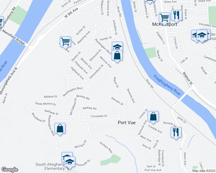 map of restaurants, bars, coffee shops, grocery stores, and more near 313 San Juan Drive in McKeesport