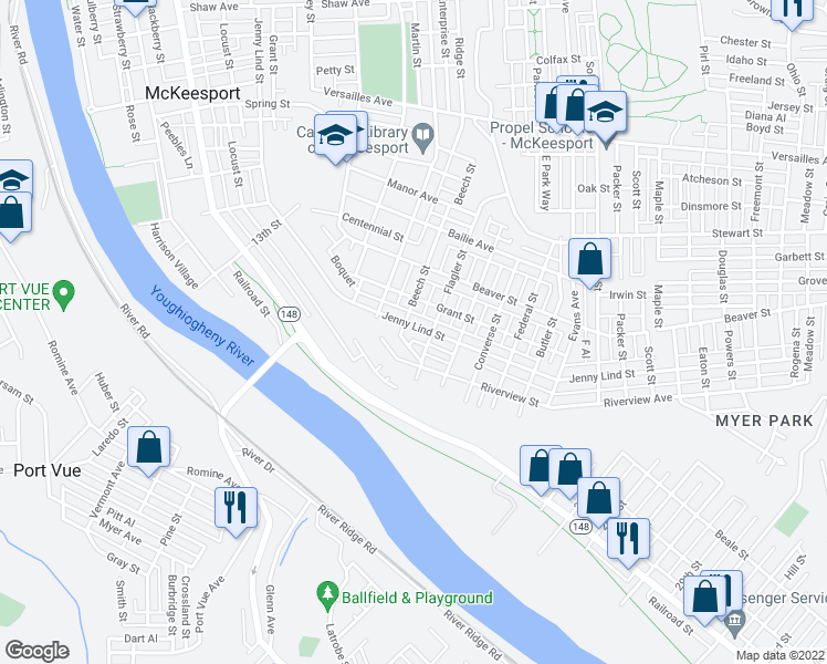map of restaurants, bars, coffee shops, grocery stores, and more near 1706 Jenny Lind Street in McKeesport