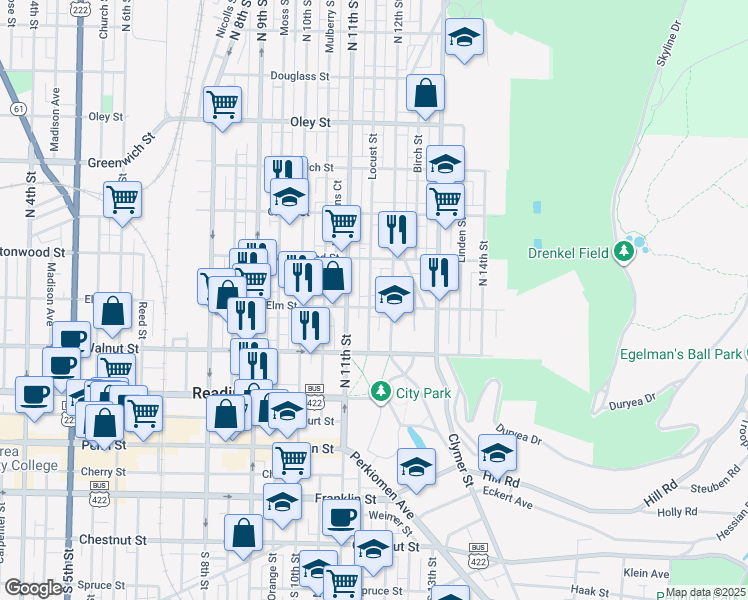 map of restaurants, bars, coffee shops, grocery stores, and more near 1124 Elm Street in Reading