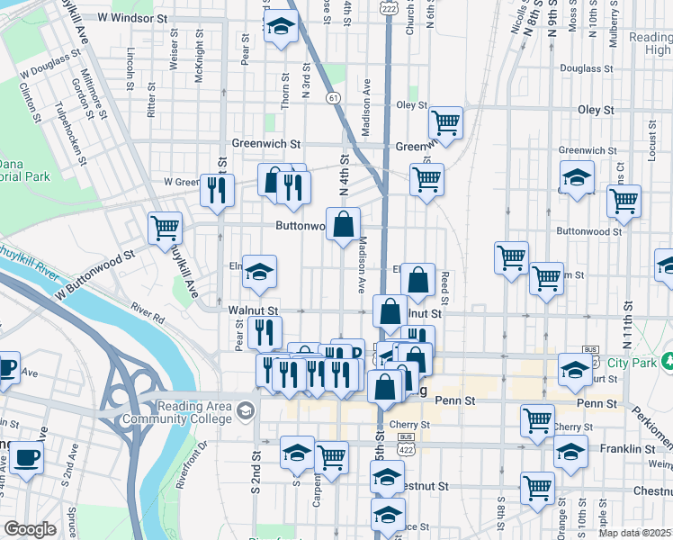 map of restaurants, bars, coffee shops, grocery stores, and more near in Reading