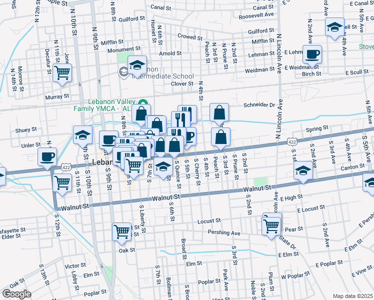 map of restaurants, bars, coffee shops, grocery stores, and more near 428 Cumberland Street in Lebanon